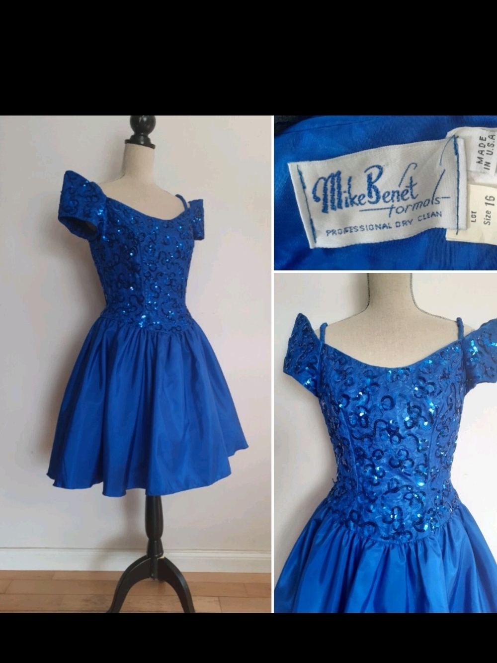 Mike Benet Formals Vintage Blue Off Shoulder 80s 90s Sequin Party Dress Cosplay